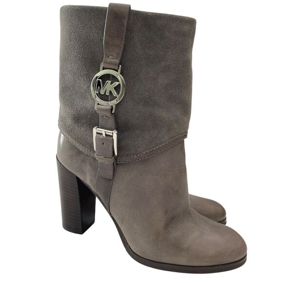 Michael Kors Boots Womens 7M Gray Leather Suede Pull On Mid Calf Heel Fulton - Picture 1 of 15